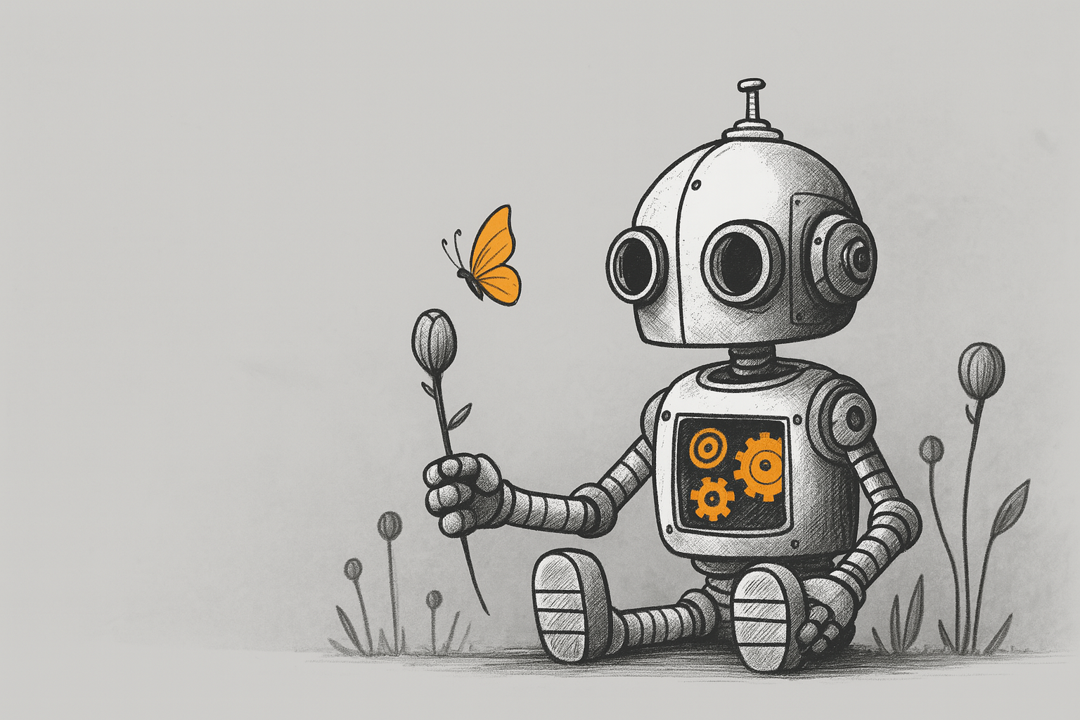 Robot ilustrado a lápiz descubriendo una mariposa naranja